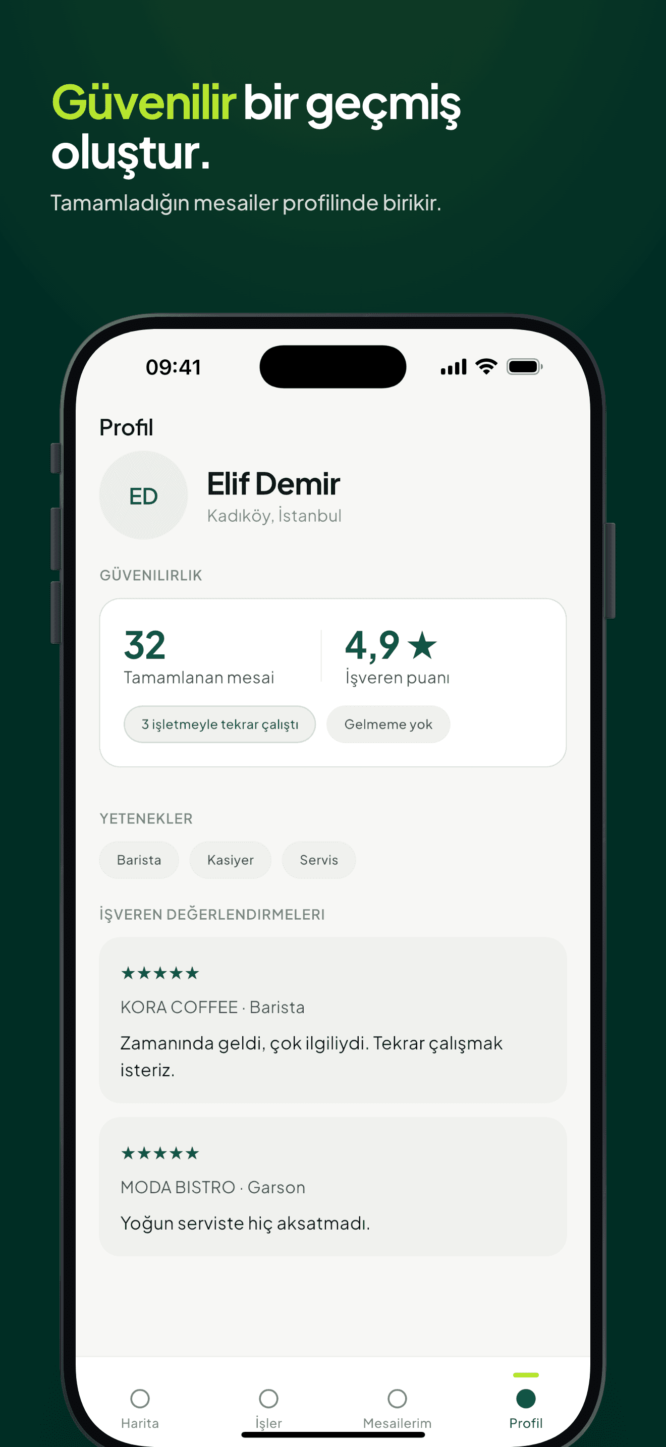 Çalışan profil ve çalışma geçmişi ekranı
