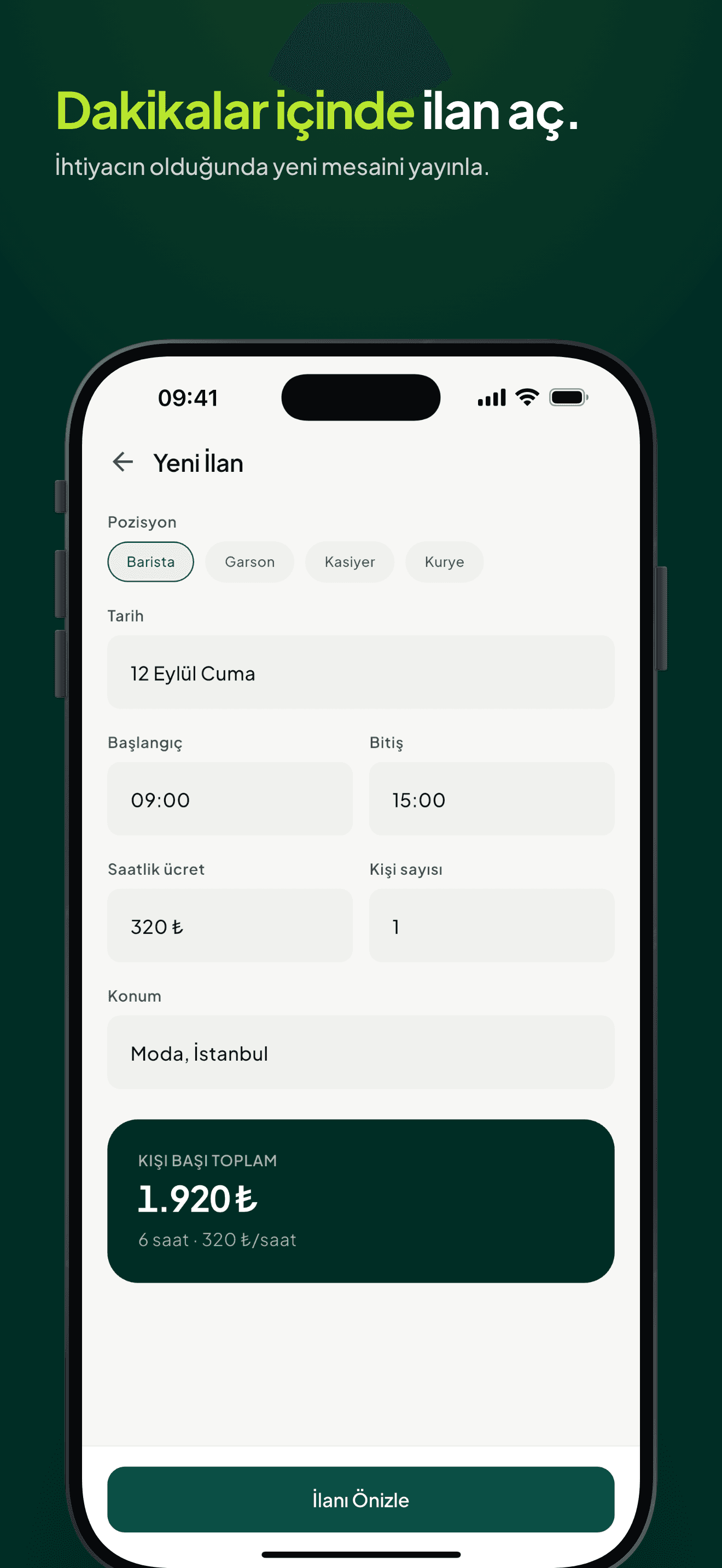 Yeni mesai ilanı oluşturma ekranı