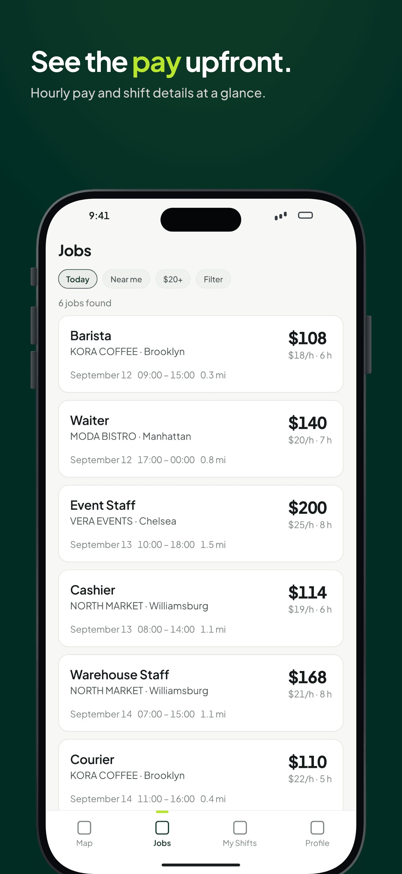 YOMIYE screen showing nearby jobs
