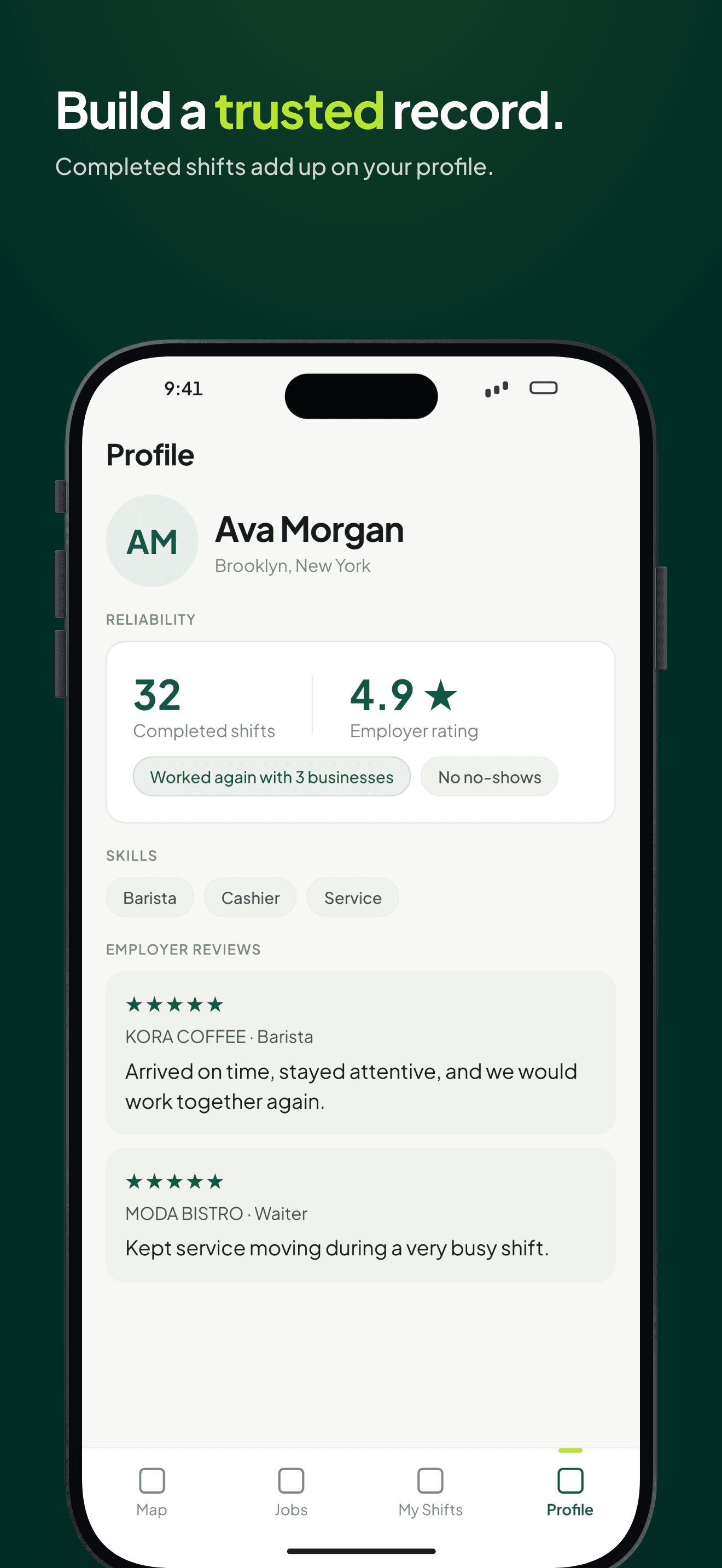 Worker profile and work history screen