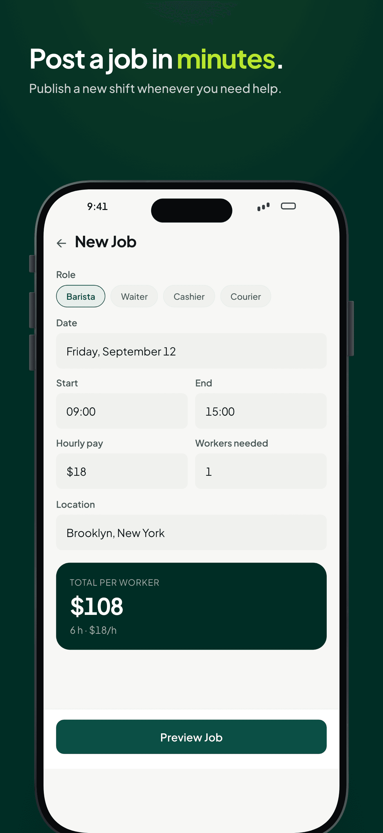 Post a job screen