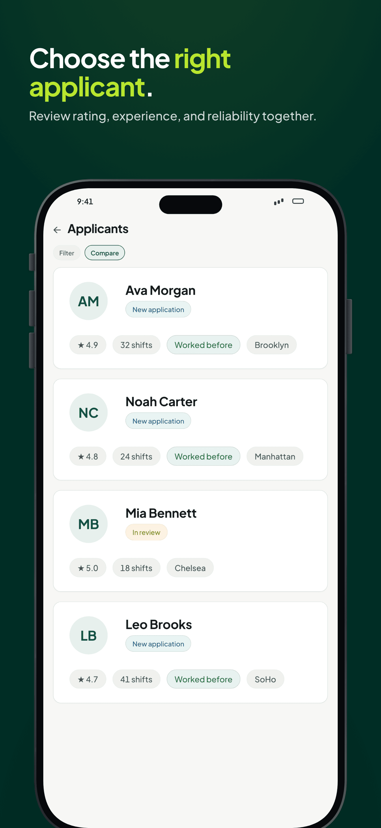 Applicants review screen