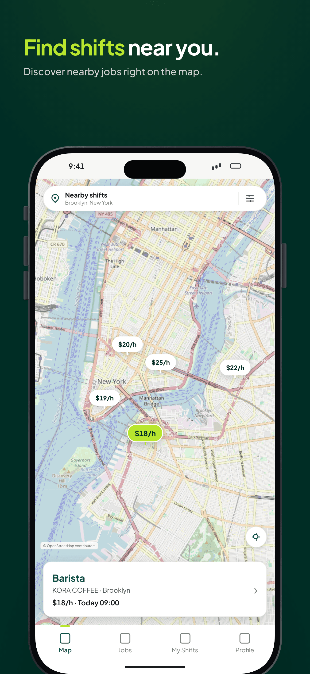 YOMIYE Worker Map screen showing jobs around Brooklyn and Manhattan